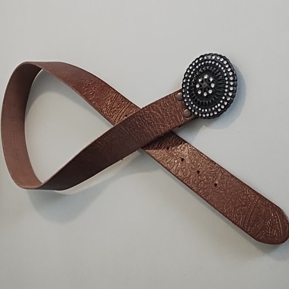 Brown Tooled Leather Belt with Coppery Metal Buckle With Rhinstones - Picture 11 of 13